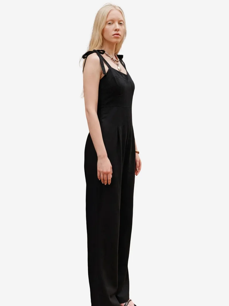 MY FASHION Black MY FASHION Sweetheart Neck Linen Blend Jumpsuit for Women | Best Price UAE
